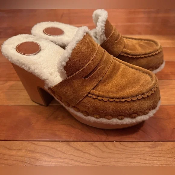 🤎SOLD🤎Chloe Joy Suede & Shearling Caramel Cognac Block Heel Clogs Size 39 EU - Picture 2 of 11